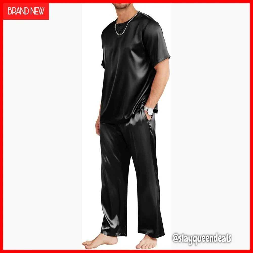 Men's Silk Satin Pajama Set Short Sleeve Lounge Sleepwear XXL